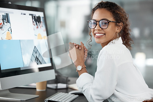 Image of Architect woman at desk, computer screen or web design for construction firm or agency. Professional female creative with smile, portrait or working desk with research for architecture website layout