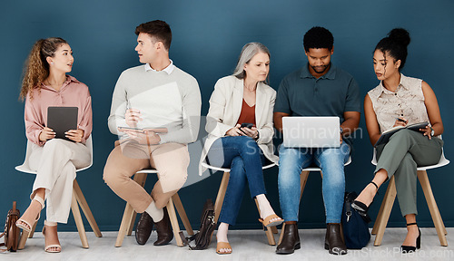 Image of Hiring, technology and business people for job interview talking for vacancy and opportunity in office. Recruitment, diversity and men and women on phone, tablet and laptop prepare for hr meeting