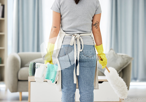 Image of Woman, housekeeper and back with supplies for cleaning, hygiene or disinfection in living room at home. Rear view of female person, cleaner or maid with clean equipment or tools for dirt or dust