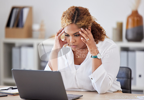 Image of Headache, stress and business woman on laptop for debt review, financial report or payroll mistake, error or fail. Worried, confused and african person with wrong email or finance problem on computer