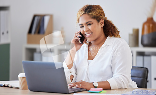 Image of Online communication, businesswoman on smartphone and laptop at her workstation in office. Networking or connectivity, support or crm and female person with cellphone have conversation at workplace