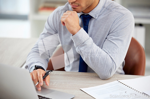 Image of Laptop, hands and business man, accountant or employee for financial management, reading online and accounting research. Thinking, solution and accountant or person on finance documents and computer