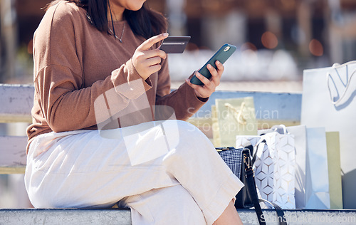 Image of Closeup, smartphone and woman with a credit card, bags and online shopping with payment, ecommerce and retail. Female person, customer outdoor or shopper with boutique items, cellphone and purchase