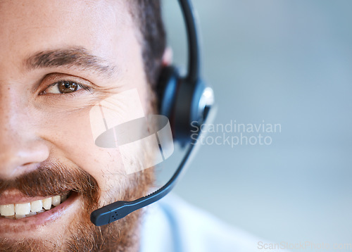 Image of Happy man, call center and face closeup on mockup for customer service or telemarketing at office. Male person, consultant agent or virtual assistant with smile and headphones for online advice