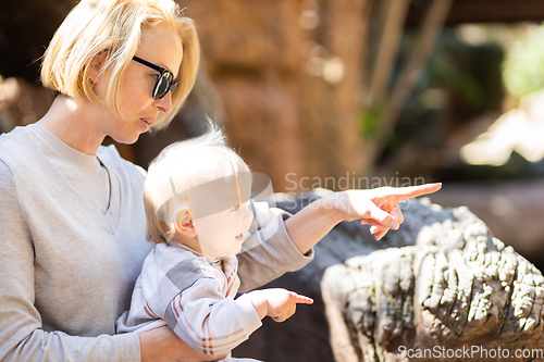 Image of Caucasian blonde mother holding her infant baby boy child in her lap watching crocodile in zoo. Happy family having fun with animals safari park on warm summer day