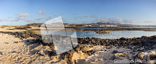 Image of Panoramic view of El Cotillo city in Fuerteventura, Canary Islands, Spain. Scenic colorful traditional villages of Fuerteventura, El Cotillo in northen part of island. Canary islands of Spain