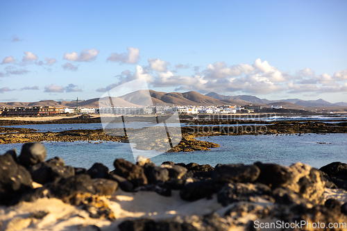 Image of Panoramic view of El Cotillo city in Fuerteventura, Canary Islands, Spain. Scenic colorful traditional villages of Fuerteventura, El Cotillo in northen part of island. Canary islands of Spain