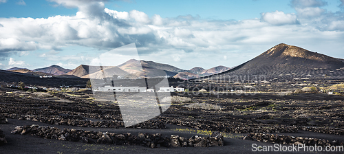 Image of Traditional white houses in black volcanic landscape of La Geria wine growing region with view of Timanfaya National Park in Lanzarote. Touristic attraction in Lanzarote island, Canary Islands, Spain.