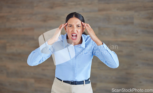 Image of Anger, screaming and portrait of business woman for frustrated, failure or crisis. Mental health, stress and angry female employee shouting on wall background for anxiety, mistake or rage mockup