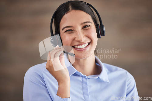 Image of Portrait, call center and happy woman with headset for telemarketing, calls and working in communication or crm office. Agent, smile and customer service worker to help, support and consulting advice