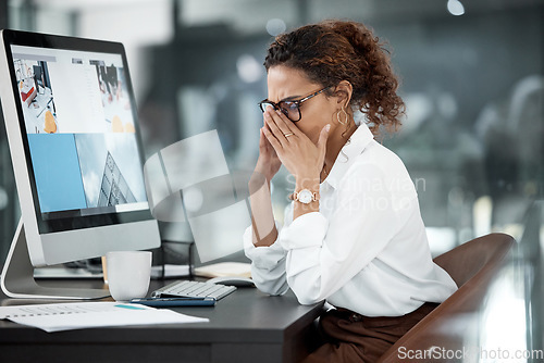 Image of Business woman with headache, stress with pain and mental health with professional crisis and fatigue at office. Problem in workplace, fail and female employee is frustrated with migraine and burnout