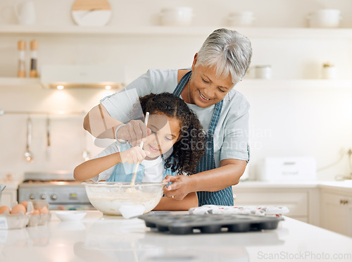 Image of Bake, girl and grandmother teaching skills, love or learning with growth, happiness or child development with utensils, food and home. Family, grandma and female grandchild in a kitchen with dough