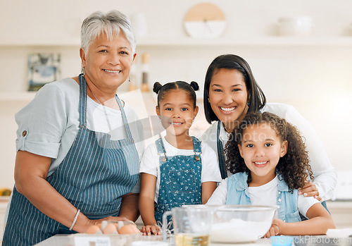 Image of Portrait of grandmother, mom or kids baking in kitchen as a happy family with siblings learning cooking skills. Cake, parent or grandma smiling or teaching children to bake with at home together