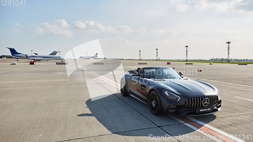 Image of Kyiv, Ukraine - September 2, 2017: Mercedes-Benz GTs in road in airport.