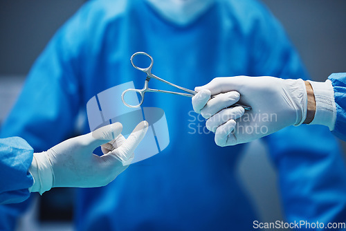 Image of Surgery, nurse hands doctor scissors with medicine and surgical procedure, closeup and healthcare in hospital. Health insurance, medical tools and help with surgeon people in operating room at clinic