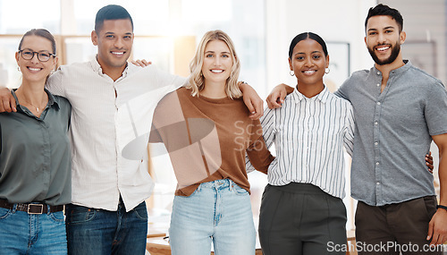 Image of Group, diversity and happy portrait in business, office or success in company teamwork. Smile, people and creative team working together or startup agency for graphic design, project or collaboration