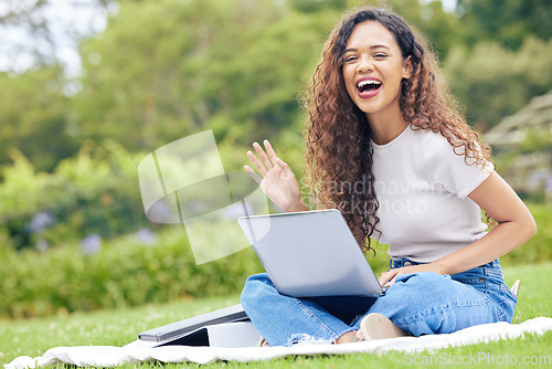 Image of College, laptop and portrait of woman in park for education, relax and research study. Elearning, university and scholarship with student on grass lawn for technology, school report and online exam
