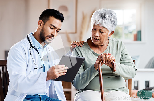 Image of Tablet, worried doctor and senior woman with disability and medical results, health advice or hospital service. Elderly patient, healthcare people and walking stick for sad news on digital technology