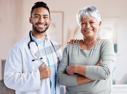 Image of Happy portrait, doctor and senior patient for healthcare, retirement wellness and hospital service. Smile, face and Biracial elderly woman with medical professional, worker or asian person for health