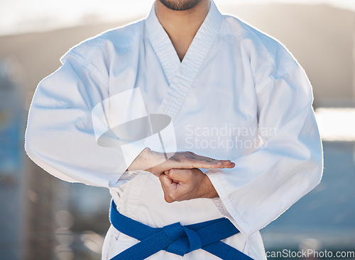 Image of Karate, fitness and respect with a sports man in gi, training in the city on a blurred background. Exercise, discipline or fight with a male athlete during a self defense workout for health closeup