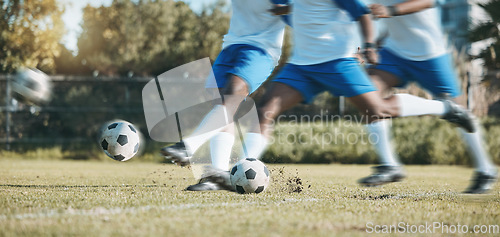 Image of Soccer ball, sports person and feet kick on a field for fitness training or game motion outdoor. Football player, club and legs of athlete men or collage for competition, exercise or sport challenge