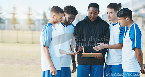 Image of Sports, soccer and a coach talking to team on field for fitness exercise or game outdoor. Football formation, club and diversity athlete people with plan for coaching, scrum and training strategy