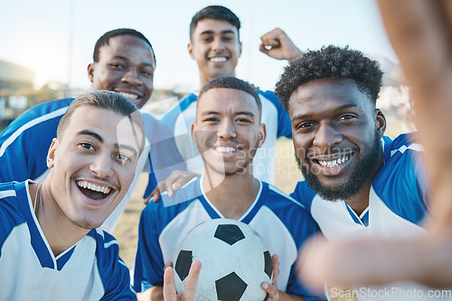 Image of Sports, group selfie and soccer portrait of team on field for fitness training or game outdoor. Football player, club and diversity athlete men smile for sport competition, workout or challenge photo