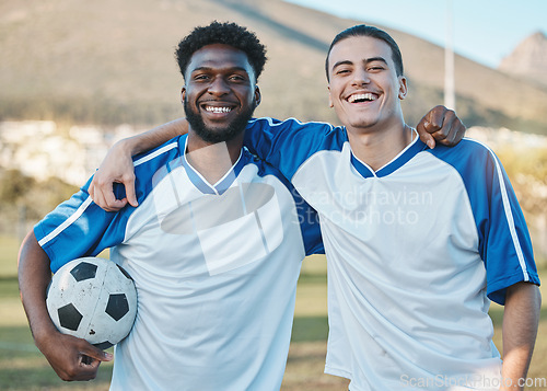 Image of Sports team, soccer ball and smile portrait on field for fitness training or game outdoor. Football player, club and diversity athlete men or friends together for competition, workout or challenge