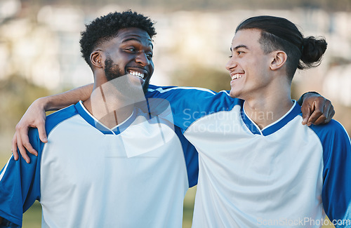 Image of Fitness, soccer and friends with sports men hugging during training, a game or competition outdoor. Football, exercise or workout with a young man athlete and his friend happy together after a match