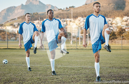 Image of Soccer, sports and team stretching legs on a field for fitness, exercise and training outdoor. Football ball, pitch and club of athlete men together for sport competition, diversity or muscle warm up