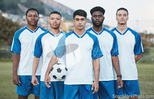 Image of Sports group, soccer ball and portrait of team on field for fitness training or game outdoor. Football player, club and diversity athlete people with focus for sport competition, workout or challenge