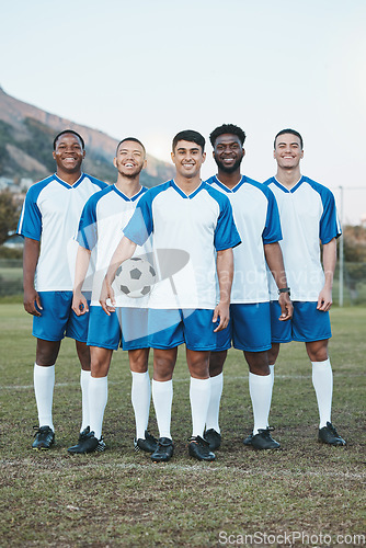 Image of Team, soccer ball and portrait of sports group on field for fitness training or game outdoor. Football player, club and diversity athlete people smile for sport competition, motivation or challenge