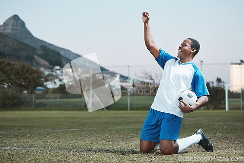 Image of Sports, soccer ball and man celebrate goal on field for competition or training outdoor. Black male athlete football player, pitch and game celebration for sport achievement, success or win mockup
