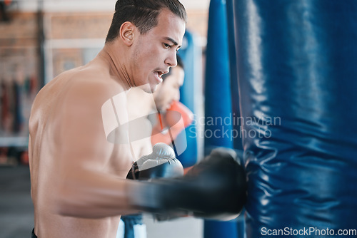 Image of Sports, boxing and man with punching bag in gym for training, cardio workout and exercise. Fitness, body builder and male athlete with equipment for boxer competition, practice and mma performance