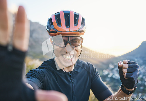 Image of Man, portrait and mountain bike with selfie, smile and fist celebration for winning, race and fitness. Guy, mountains and cycling achievement with photography, profile picture and social network app