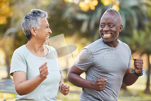 Image of Fitness, morning and running with old couple in park for Health, workout and exercise. Wellness, retirement and happy with senior black man and woman in nature for motivation, sports and cardio