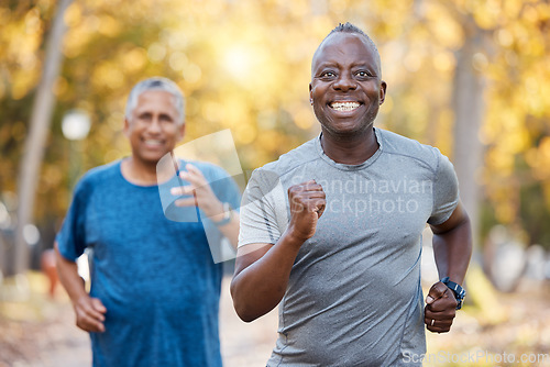 Image of Race, friends and running with old men in park for fitness, workout and exercise. Wellness, retirement and happy with senior people training in nature for motivation, sports and morning cardio