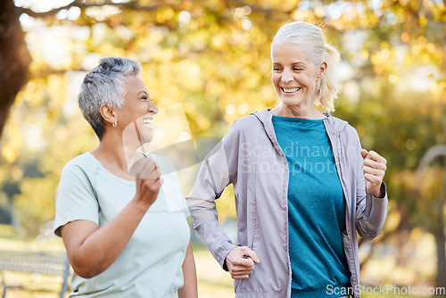 Image of Fitness, friends and running with old women in park for health, workout and exercise. Wellness, retirement and happy with senior people training in nature for motivation, sports and morning cardio