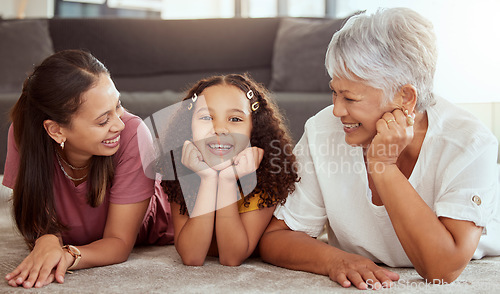 Image of Happy, generations and smile with family on floor of living room for bonding, relax and love in house. Happiness, portrait and grandmother with young child, mom and home for fun, support and together