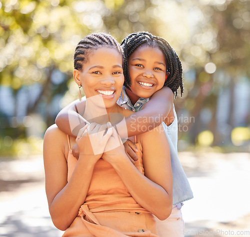 Image of Hug, mother and daughter portrait in park relaxing together on summer holiday with smile. Support, girl child or happy black woman, mom and bonding in embrace with love in garden in South Africa