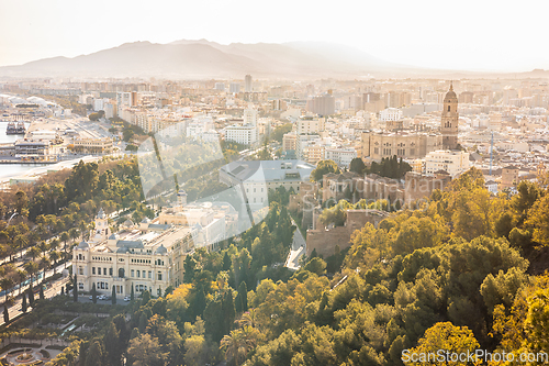 Image of Amazing panoramic aerial view of Malaga city historic center, Coste del Sol, Andalucia, Spain