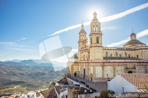 Image of Scenic panoramic view of Church of Nuestra senora de la encarnacion in Olvera one of the white villages in Andalusia, Spain