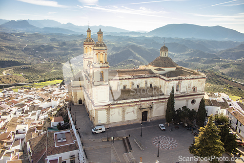 Image of Scenic panoramic view of Church of Nuestra senora de la encarnacion in Olvera one of the white villages in Andalusia, Spain