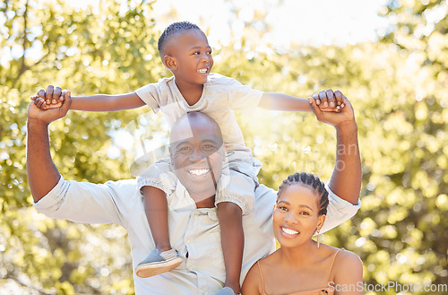 Image of Black family, mother or father with kid in park to relax with smile or wellness on fun holiday together. African dad, happy mom or child bonding or smiling with lovely parents in nature in Nigeria
