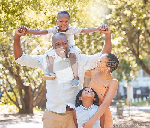 Image of Portrait, mother or father with happy kids in park to relax with smile or wellness on family holiday together. African dad, mom or child bonding or smiling with lovely parents in nature in summer