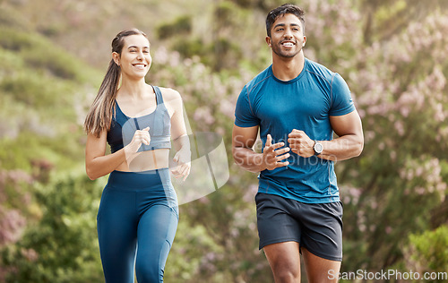 Image of Running, mountain trail and couple of friends training for sports and health outdoor. Fitness, workout and sport run of young runner people together on a street with athlete exercise and race cardio