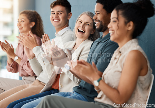 Image of Diversity, audience clapping and in a meeting together for success at modern workplace office. Achievement or happiness, celebration or support and happy colleagues with applause at their work