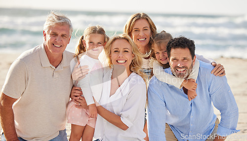 Image of Family at beach, grandparents and parents with kids in portrait, travel and freedom with love and vacation. Face of happy people, generations and tourism in New Zealand while bonding together outdoor