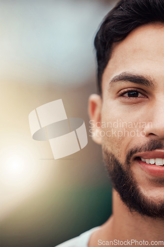 Image of Sports, closeup and half portrait of happy man with fitness mindset, confidence and mockup space. Workout goals, pride and happiness, face of male athlete with motivation in health, wellness and zoom