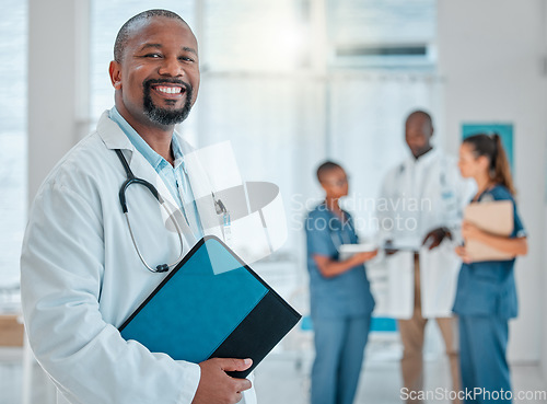 Image of Healthcare, doctor and portrait of black man with file for medical report, results and wellness. Hospital manager, clinic and face of male worker smile for service, consulting and insurance document